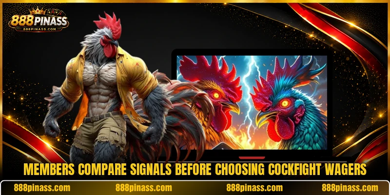Members compare signals before choosing cockfight wagers